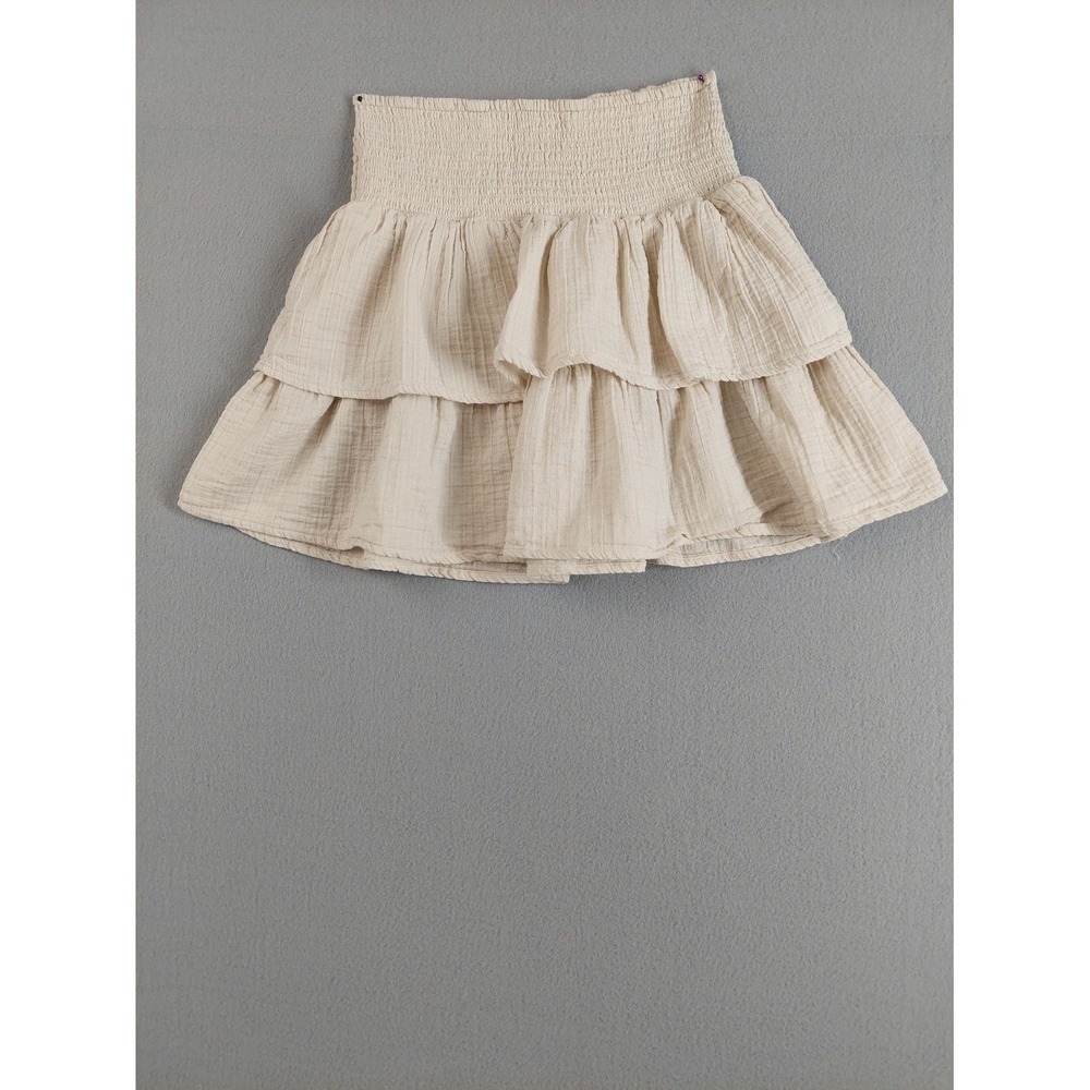 Universal Women Mini Skirt XS Beige 100% Cotton Tiered Ruffle Smocked Waist Boho